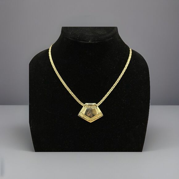 Vintage 1980s Gold Statement Necklace - Geometric Fan Pendant, Art Deco Revival - Picture 3 of 4